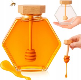 Hatszögletű Üvegtégely 380 ml Bambusz Fedél Méztartóval