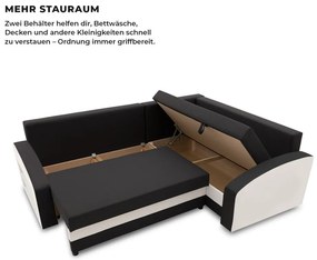 Grande sarokkanapé polcokkal , polc a bal karfaban, jobboldali, szövet anyag, hab töltet, fekete - fehér