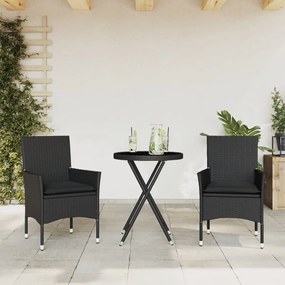 vidaXL 3 részes fekete polyrattan/üveg bisztrógarnitúra párnával