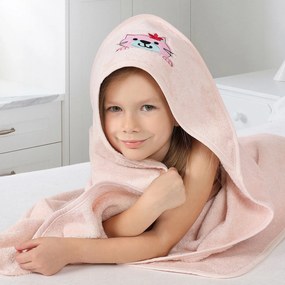 Goldea gyermek frottír fördőlepedő csuklyás - cicuka világos rózsaszínen 100 x 100 cm