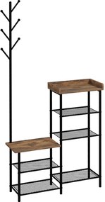 HOMCOM Kabát Akasztó Cipős Rack 5 Polccal, 6 Akasztóval a Táskák és Ruhák Felfüggesztéséhez, Ipari Stílus, 92.5x28.2x182 cm, Rustikus Barna | Aosom