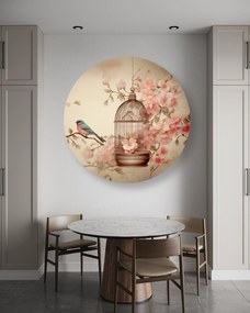 Gario Kerek vászonkép Irágok, madárkalitka és színes madár Méret: 40 x 40 cm