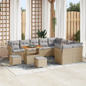 12 Darabos Kert Sofa Szett Párnákkal Bézs Poli Rattan Akácia
