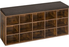 Cipőtartó pad, tárolós pad párnázott ülőfelülettel 30 × 105 × 48 cm, rusztikus barna színben