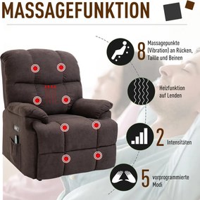 HOMCOM fotel emelőrásegítéssel, 160°-ban dönthető háttámla, masszázs és fűtésfunkcióval, poliészter barna