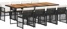 vidaXL 9 részes fekete polyrattan kerti étkezőgarnitúra párnákkal