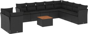 vidaXL 11 részes fekete polyrattan kerti ülőgarnitúra párnákkal