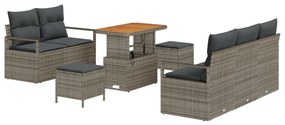 8 darabos Kertiszófakészlet Párnákkal Szürke Poli Rattan Akác, 2 fős Kertiszófa Tárolóval és Párnákkal Szürke Poli Rattan, 3 darabos Kerti Étkezőszett Párnákkal Szürke Poli Rattan Akác