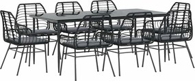 vidaXL 9 részes fekete polyrattan üveg kerti étkezőgarnitúra párnákkal