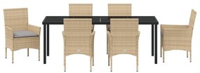 7 Részes Kerti Étkezőszett Párnákkal Bézs Polirattan, Kerti Asztal Fekete 200x80x73 cm Edzett Üveg