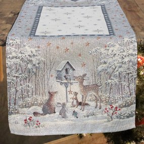 Téli erdő ezüst lurexes, gépi gobelin asztali futó, 44 x 140 cm