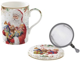 Karácsonyi Télapós porcelán teás bögre tetővel és szűrővel Santa is coming