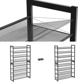 Cipőtartó polc 2x4 szintes fém háló polcokkal, fekete 92x30x163cm
