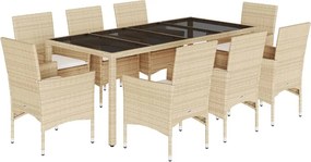 vidaXL 9 részes bézs polyrattan/üveg kerti étkezőgarnitúra párnákkal