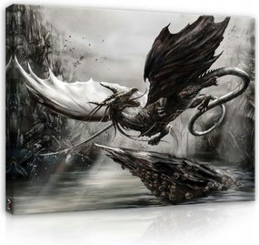 Vászonkép 60x40 Sárkány koponya romok csata fantasy sötét feszes szárnyak