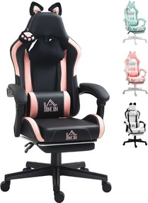 HOMCOM Macska Füllel Tervezett Gamer Szék - Összehúzható Lábpihenő, Állítható Magasság, Lumber Támogatás és Levehető Fejtámla | Aosom