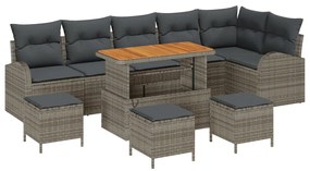 9 darabos kertisofa szett párnákkal szürke poli rattan akác, 2 személyes kertisofa párnákkal szürke poli rattan, 3 darabos kert étkező szett párnákkal szürke poli rattan akác