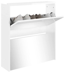 magasfényű fehér 2 szintes cipőszekrény tükörrel 63 x 17 x 67cm