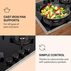 Klarstein Goldflame 4 Prime, gázfőzőlap, 4 Messing égő, üvegkerámia