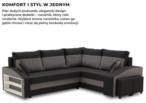 Grande sarokkanapé polcokkal és puffokkal , polc a bal karfaban puffok a jobb karfaban, jobboldali, szövet anyag, hab töltet, fekete - szürke