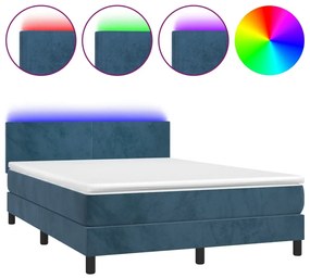 sötétkék bársony rugós és LED-es ágy matraccal 140x200 cm