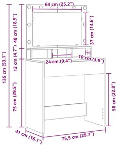 Sminktükör LED Fénnyel, Barna Tölgy, 79x41x135 cm