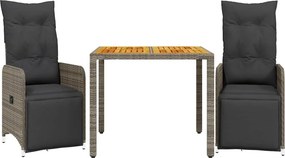 vidaXL 3 részes szürke polyrattan kerti bisztrógarnitúra párnákkal