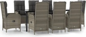 vidaXL 9 részes fekete és szürke polyrattan kerti étkezőszett párnával