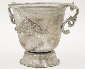 Antique fém váza koptatott ezüst szürke fogantyús 18,5x23x18,5cm
