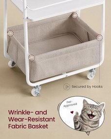 Gurulós tárolókocsi textil kosárral, 3 szintes kerekes tárolókocsi polcokkal, felhőfehér és tevebarna