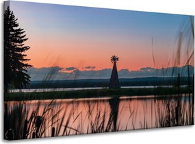 Vászonkép Szélmalom Ég Természet Naplemente Tó Fű 100x60