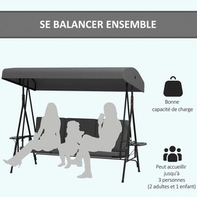 Outsunny Kerti Hintaágy 3 Fő Részére, Állítható Napernyővel, 2 Hajtható Oldaltálcával, Párnákkal, Acélból és Poliészterből, Sötét Szürke | Aosom