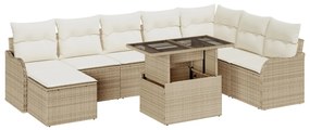 9 Részes Kert Sofa Szett Párnákkal Bézs Poli Rattan, 2-Fős Kert Sofa Párnákkal Bézs Poli Rattan