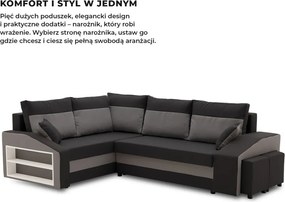 Grande sarokkanapé polcokkal és puffokkal , polc a bal karfaban puffok a jobb karfaban, baloldali, szövet anyag, hab töltet, fekete - szürke