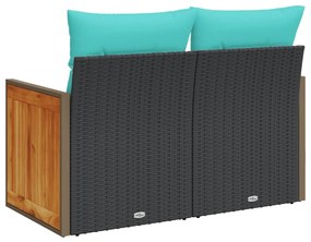 kétszemélyes fekete polyrattan kerti kanapé párnákkal