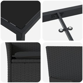 5 részes kerti étkezőszett párnákkal fekete polirattan, Kerti asztal fekete 140x80x73 cm edzett üveggel