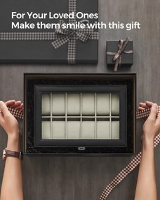 Óradoboz üvegfedéllel, 20,2 x 30,2 x 7,8 cm, fekete műbőr, bézs bélés