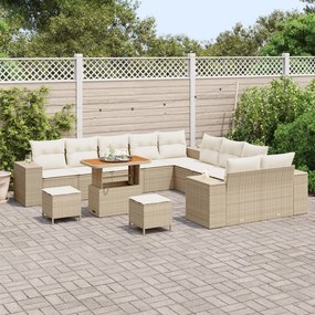 13 darabos kert kanapé szett párnákkal bézs poly rattan akáciával, 3 darabos kert étkező szett párnákkal bézs poly rattan akáciával
