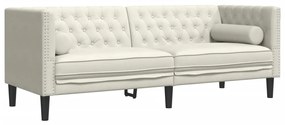 3 személyes krémszínű bársony Chesterfield kanapé párnákkal