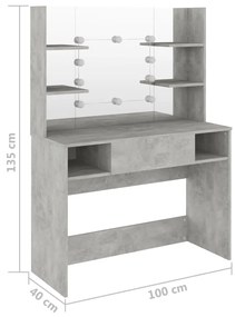 betonszürke LED-es MDF sminkasztal 100 x 40 x 135 cm