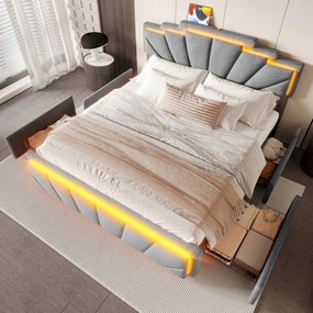 Kárpitozott ágy 160x200 cm Dupla ágy Led Usb C 2 fiókos szürke