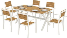 Outsunny 7 részes kültéri étkezőgarnitúra – téglalap asztal és 6 egymásra rakható szék, teakhatású műfa, alumínium váz, helytakarékos, időjárásálló |