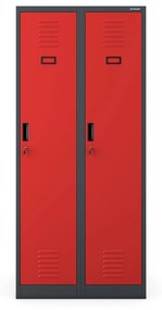 Pléh öltözőszekrény talpazaton, kétmodulos, polccal és köztes fallal KACPER, 800 x 1800 x 500 mm, antracit-piros