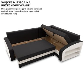 Grande sarokkanapé polcokkal , polc a jobb karfaban, jobboldali, szövet anyag, bonell töltet, fekete - fehér