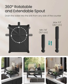 Edényszárító állvány, 360°-ban forgatható és kihúzható lefolyóval, fekete