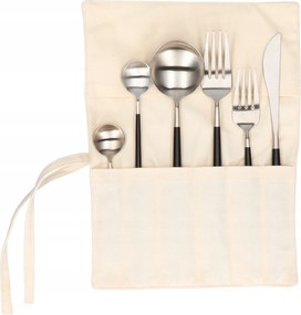 Portugál evőeszköz készlet 6 részes matt fekete-ezüst tasakban