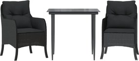 vidaXL 3 részes fekete polyrattan kerti étkezőgarnitúra párnákkal