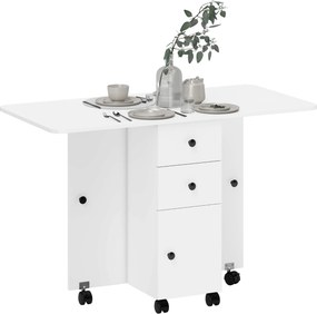 HOMCOM Összecsukható Étkezőasztal Konyhaasztal Kerekekkel, Összecsukható Szárnyakkal, Fiókokkal és Szekrénnyel 4-6 Főnek 120x60x76,5 cm Fehér | Aosom