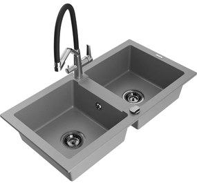 Mexen Mario gránit kétmedencés mosogató konyhai csapteleppel Duo, szürke - 6504-71-671701-07-B