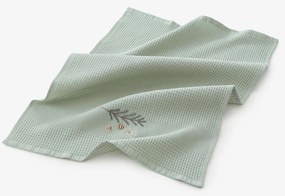 Goldea karácsonyi hímzett waffle konyharuha - gömbök az ágon zsálya háttéren 50 x 70 cm